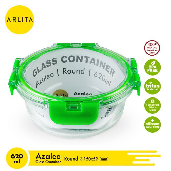 ARLITA AZALEA GREEN GLASS CONTAINER ROUND 620ML - Hiro Electronics